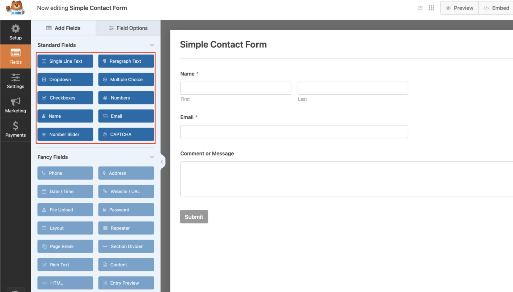 customizing the fields setting in WPForms